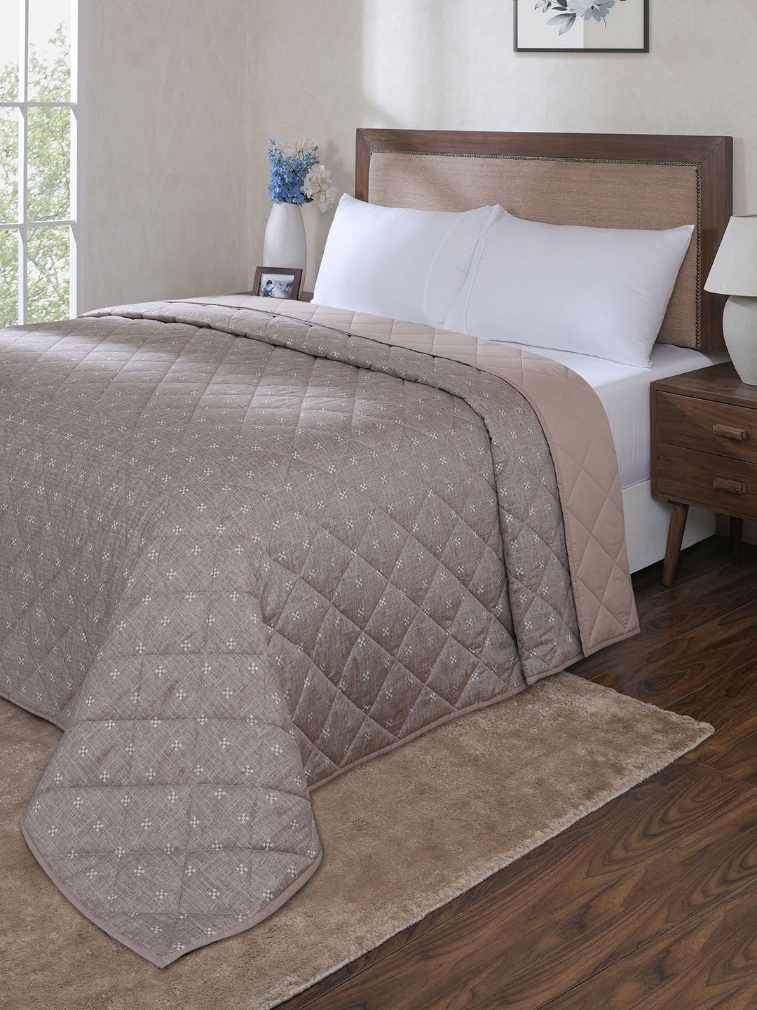 MASPAR MASPAR Brown & White Geometric Printed Lightweight Cotton AC Room Single Bed Quilt