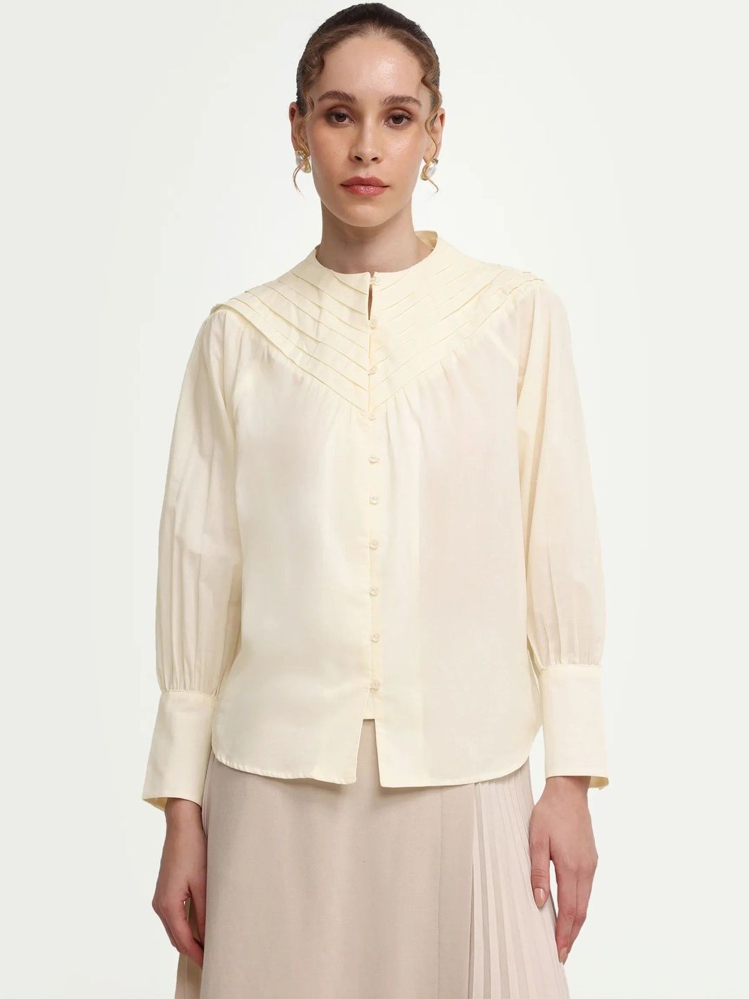 Mandarin Collar Shirt Style Top RAREISM Mandarin Collar Cotton Shirt Style Top