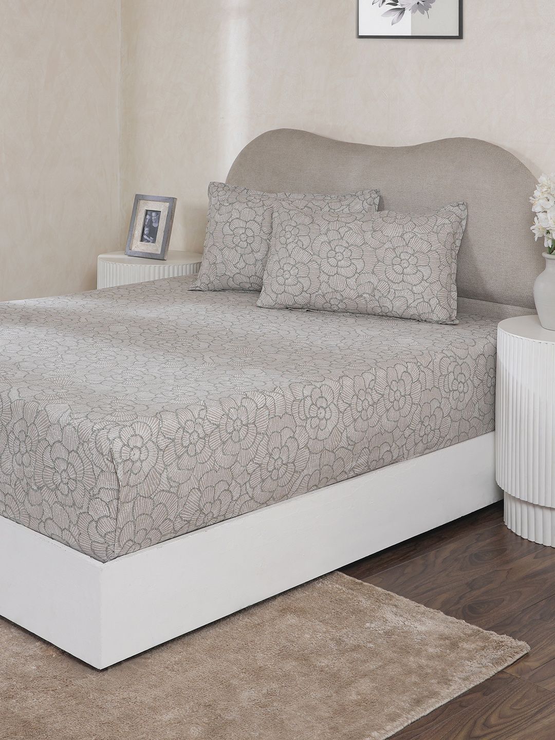 MASPAR MASPAR Beige & Grey Printed 144 TC Single Bedsheet With Pillow Cover-1.52 m x 2.24 m
