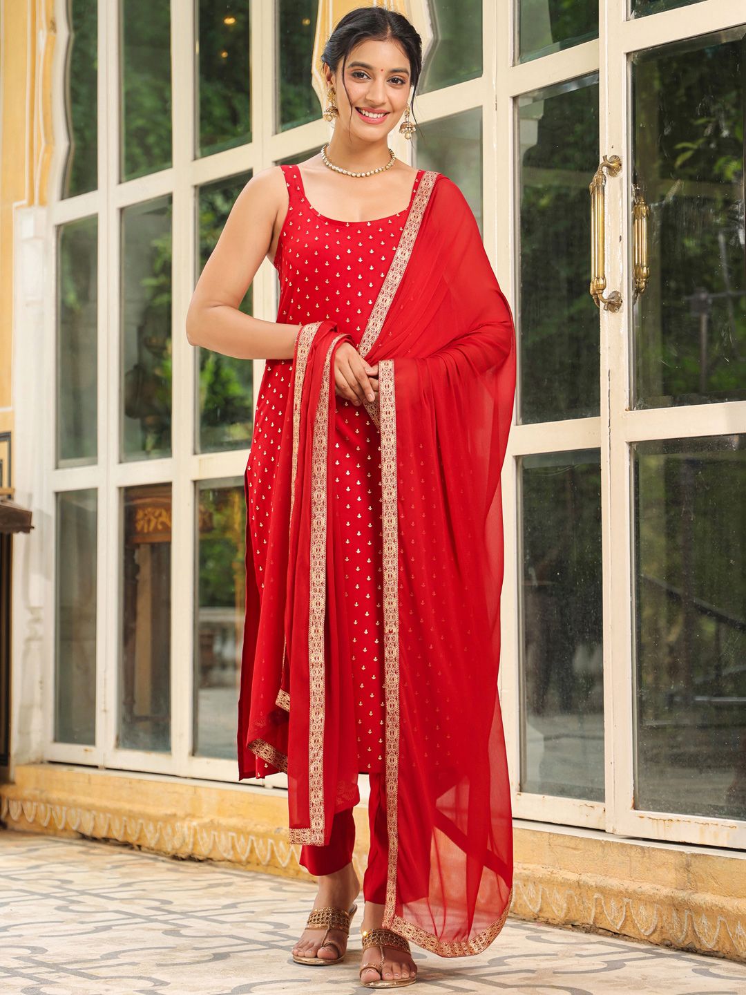 Janasya Women's Pink Georgette Embroidered Top With Pant & Cape Set