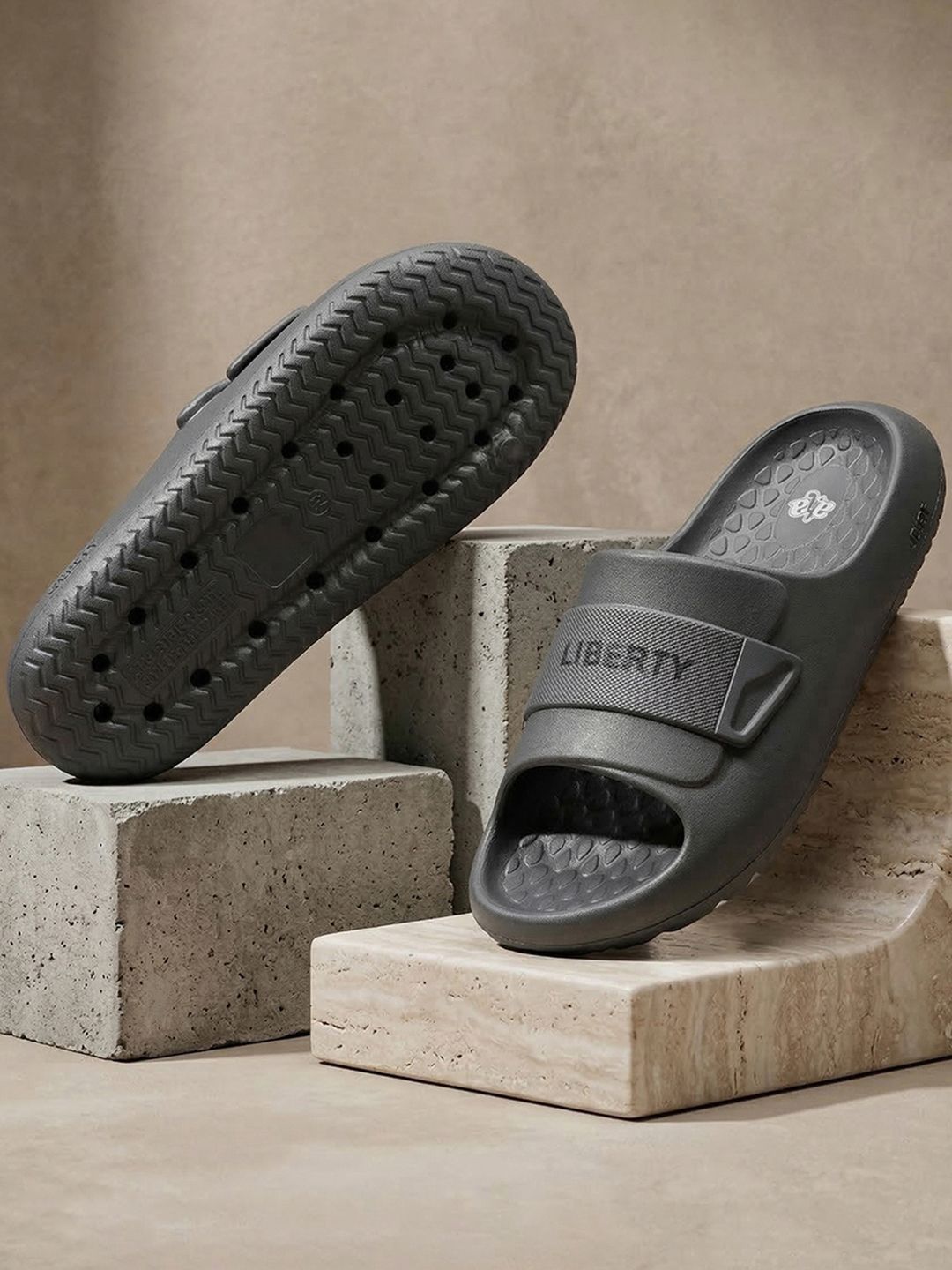 Liberty A-HA Men Black & Dark Grey EVA Moulded Footbed Slip-On Casual Slippers