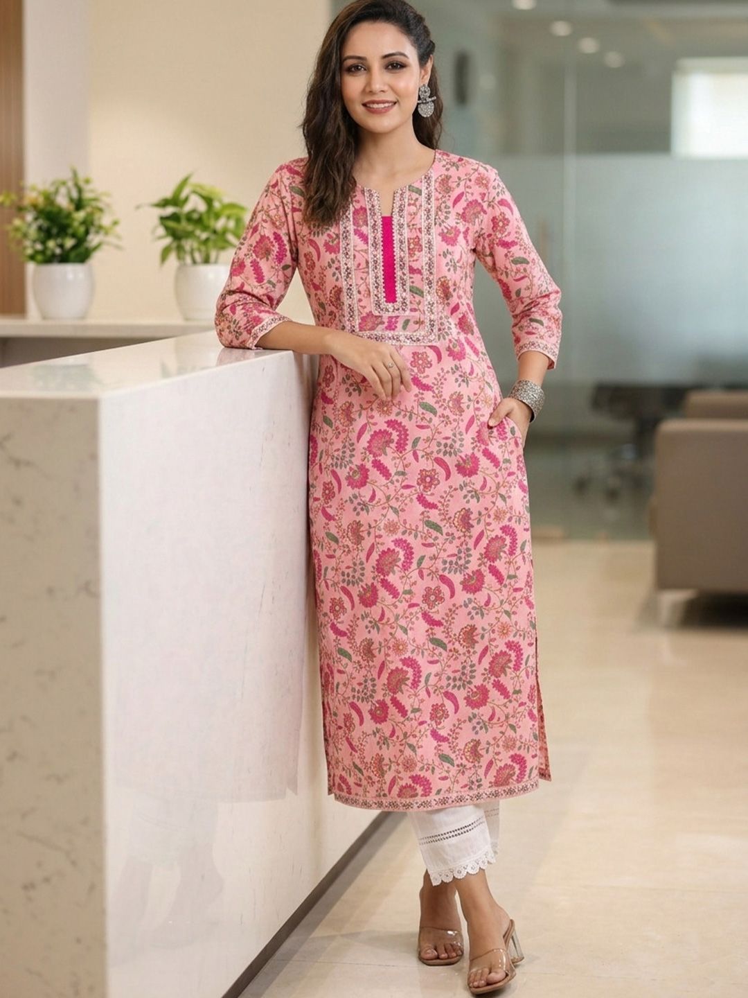 Floral Printed Kurta Rain & Rainbow Floral Printed A-line Calf-Length Kurta