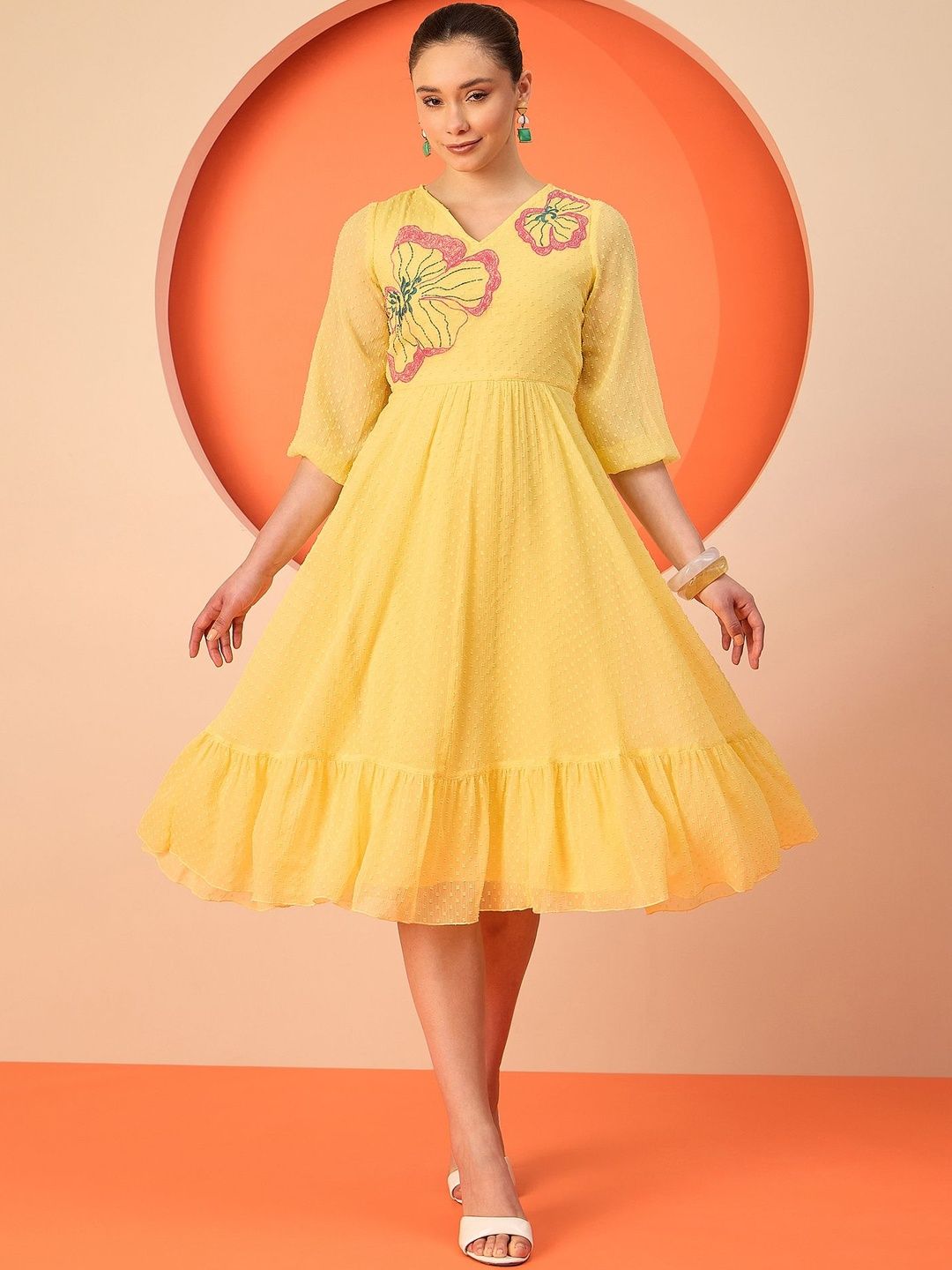 Chiffon A-Line Midi Dress Antheaa Embroidered Bohemian Chiffon A-Line Midi Dress