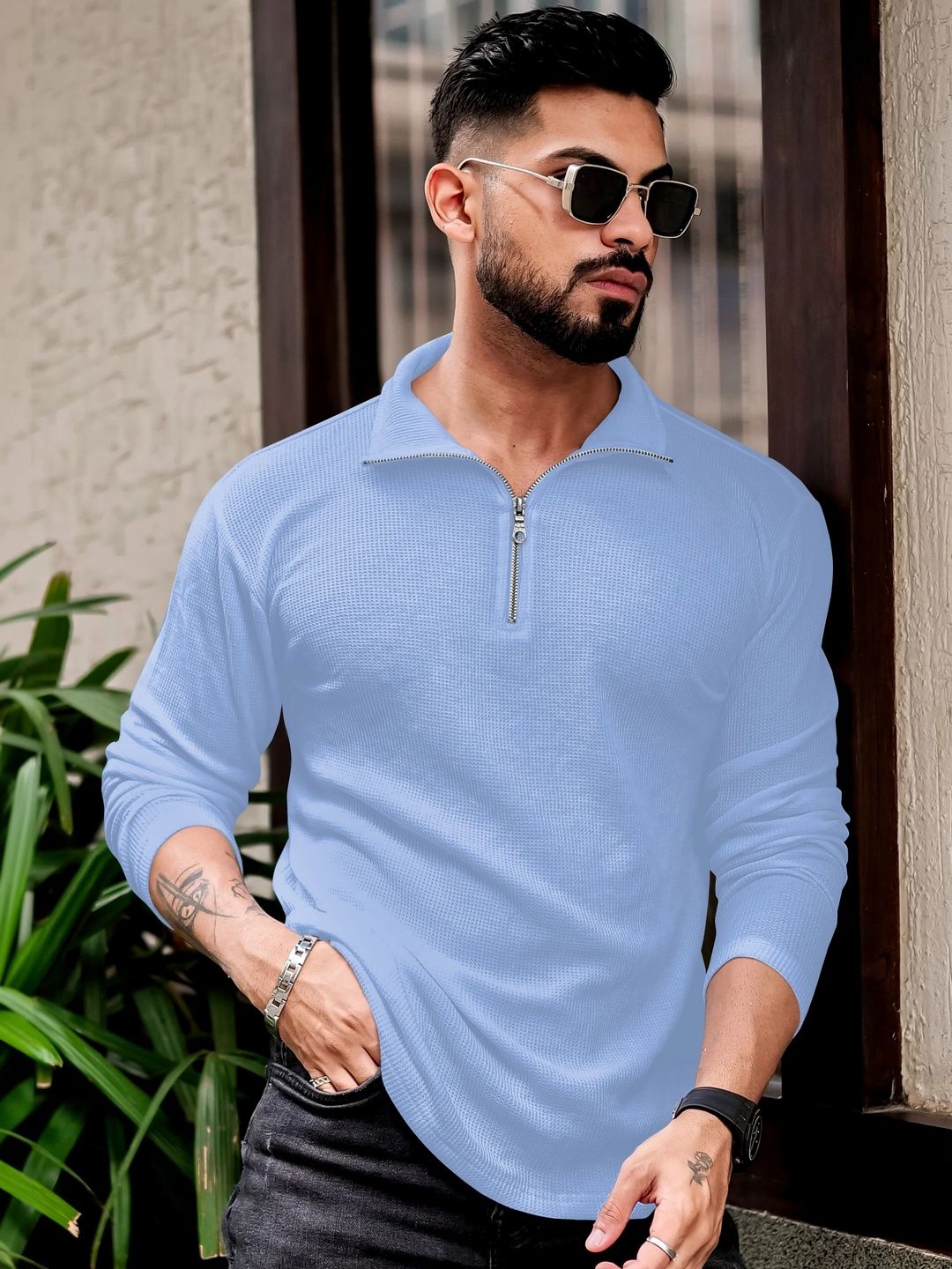 MODALEN Men Polo Collar Self Design T-shirt