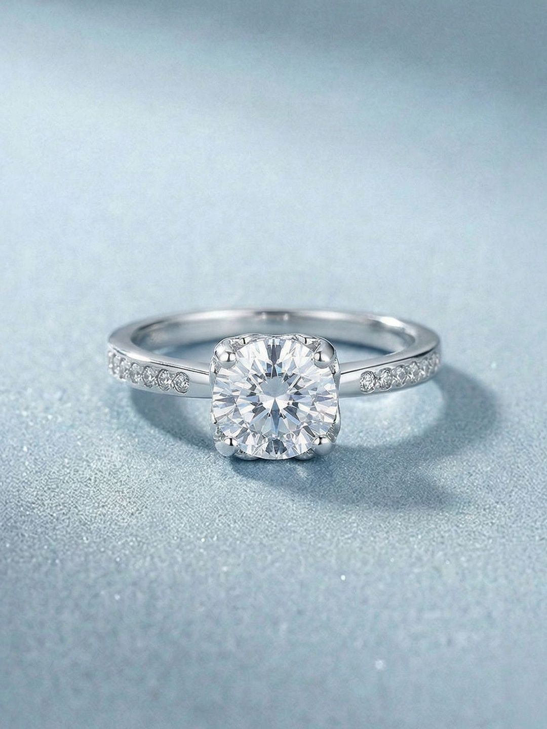 Rhodium Plated Finger Ring PALMONAS Women Sterling Silver Rhodium-Plated American Diamond Finger Ring