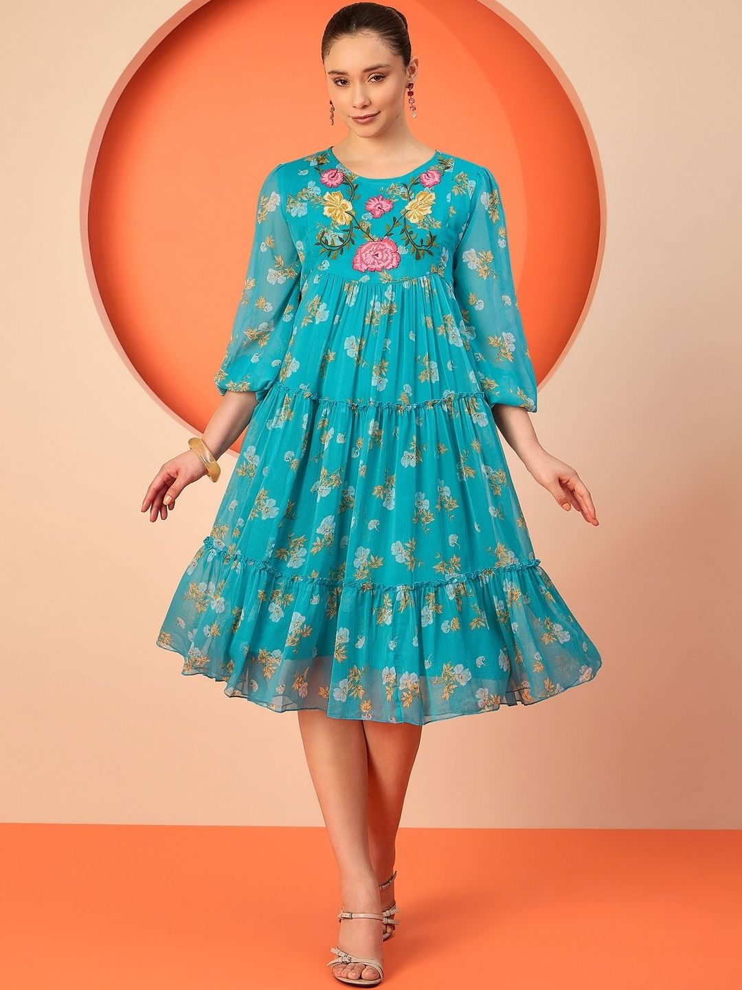 Chiffon A-Line Midi Dress Antheaa Embroidered Chiffon A-Line Midi Dress