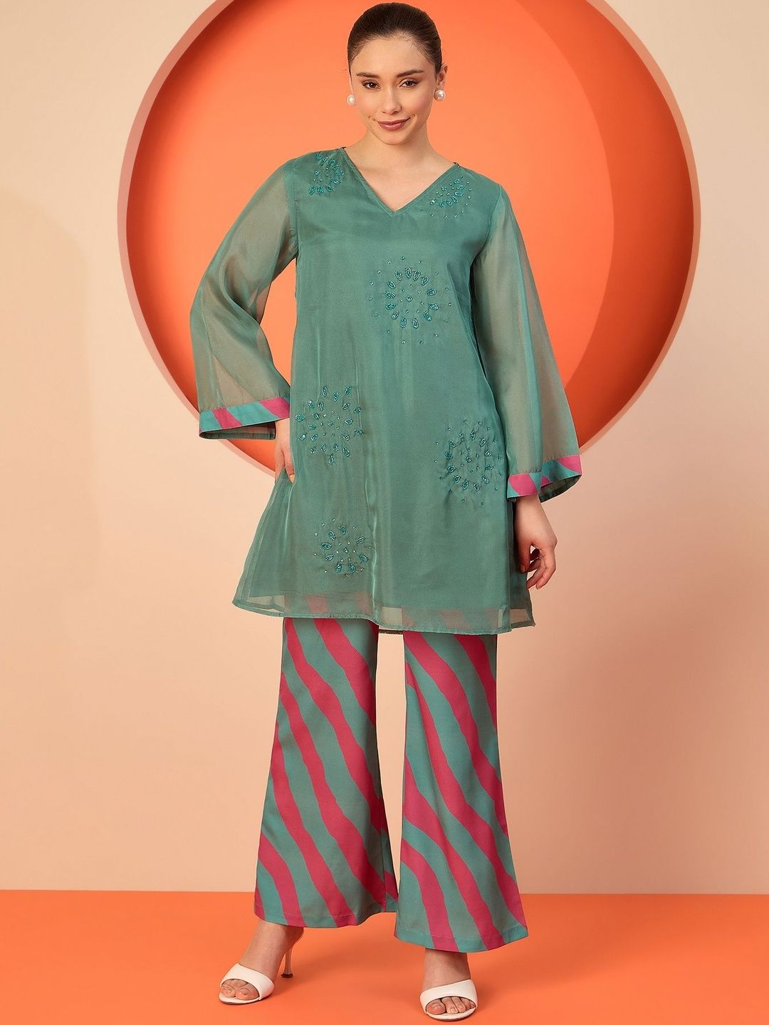 Co-Ords Antheaa Embellished Organza Tunic with Palazzos