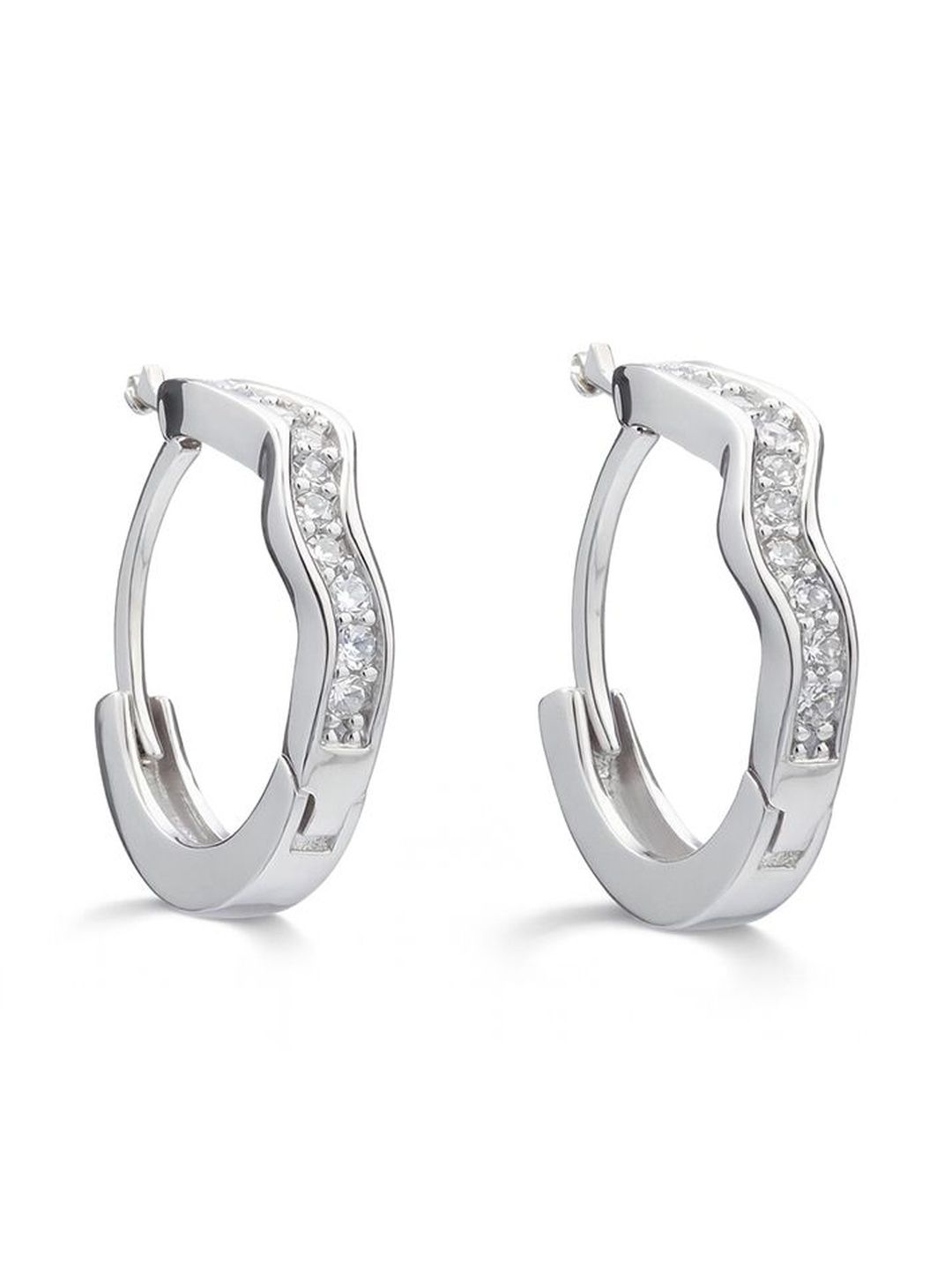 PALMONAS 925 Sterling Silver Rhodium-Plated American Diamond Studded Hoop Earrings