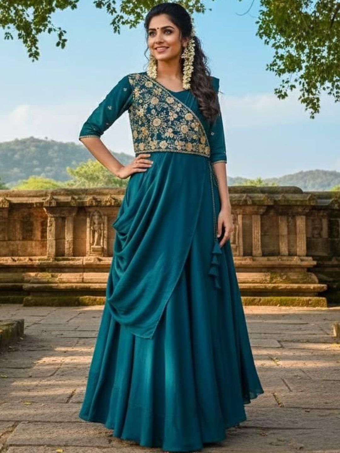 Fashion SAY Embroidered Round Neck Gown Maxi Dress