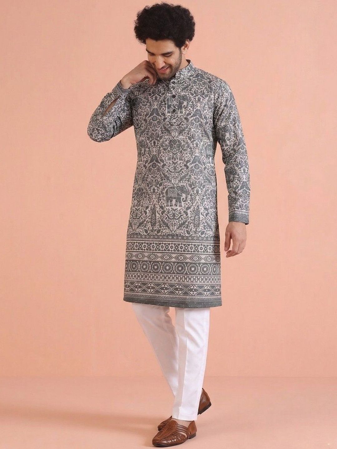 LADY BERRY Men Floral Printed Sequinned Indie Prints Kurta
