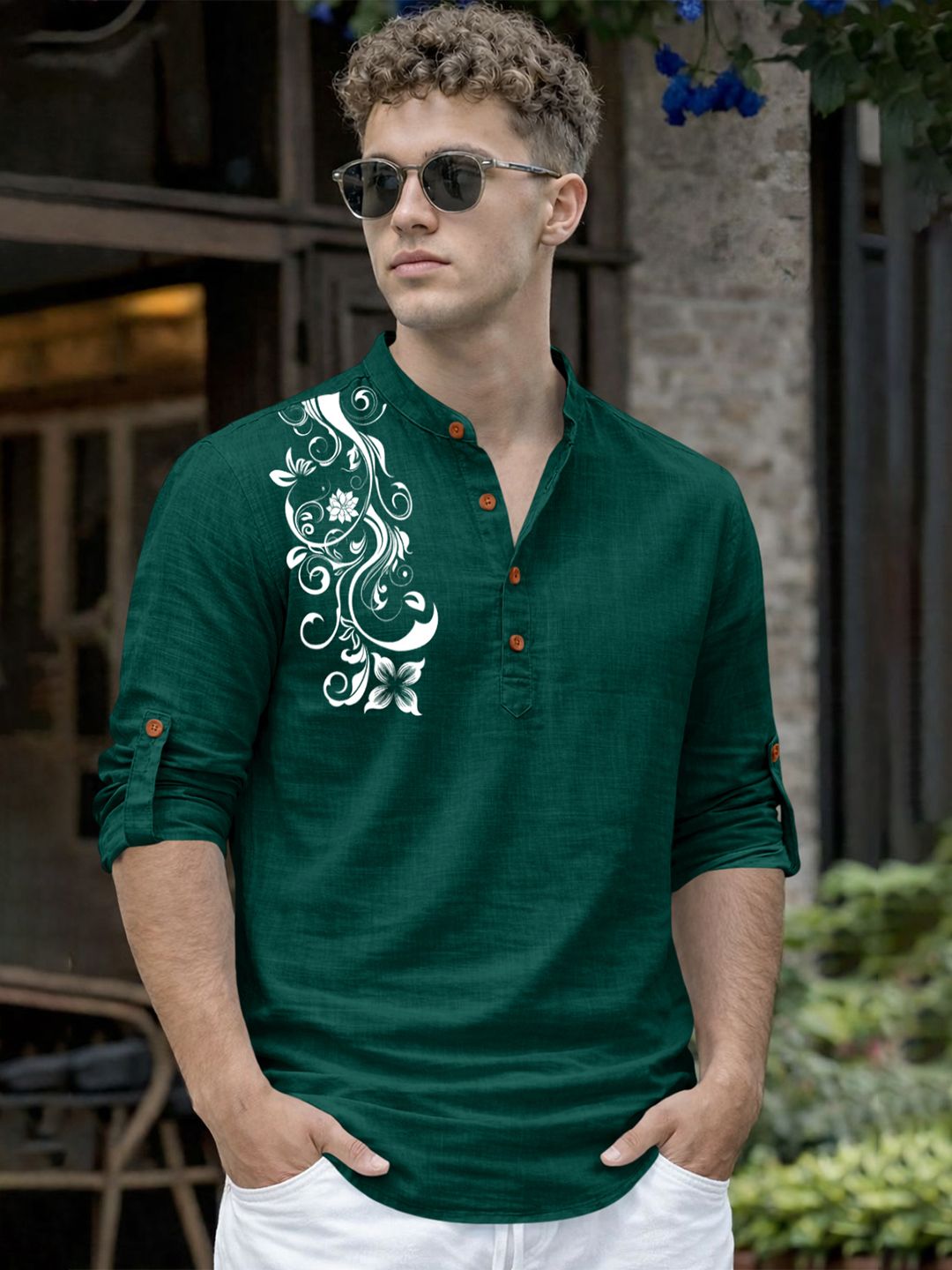 Fifth U Men Cotton Mandarin Collar Printed Kurta
