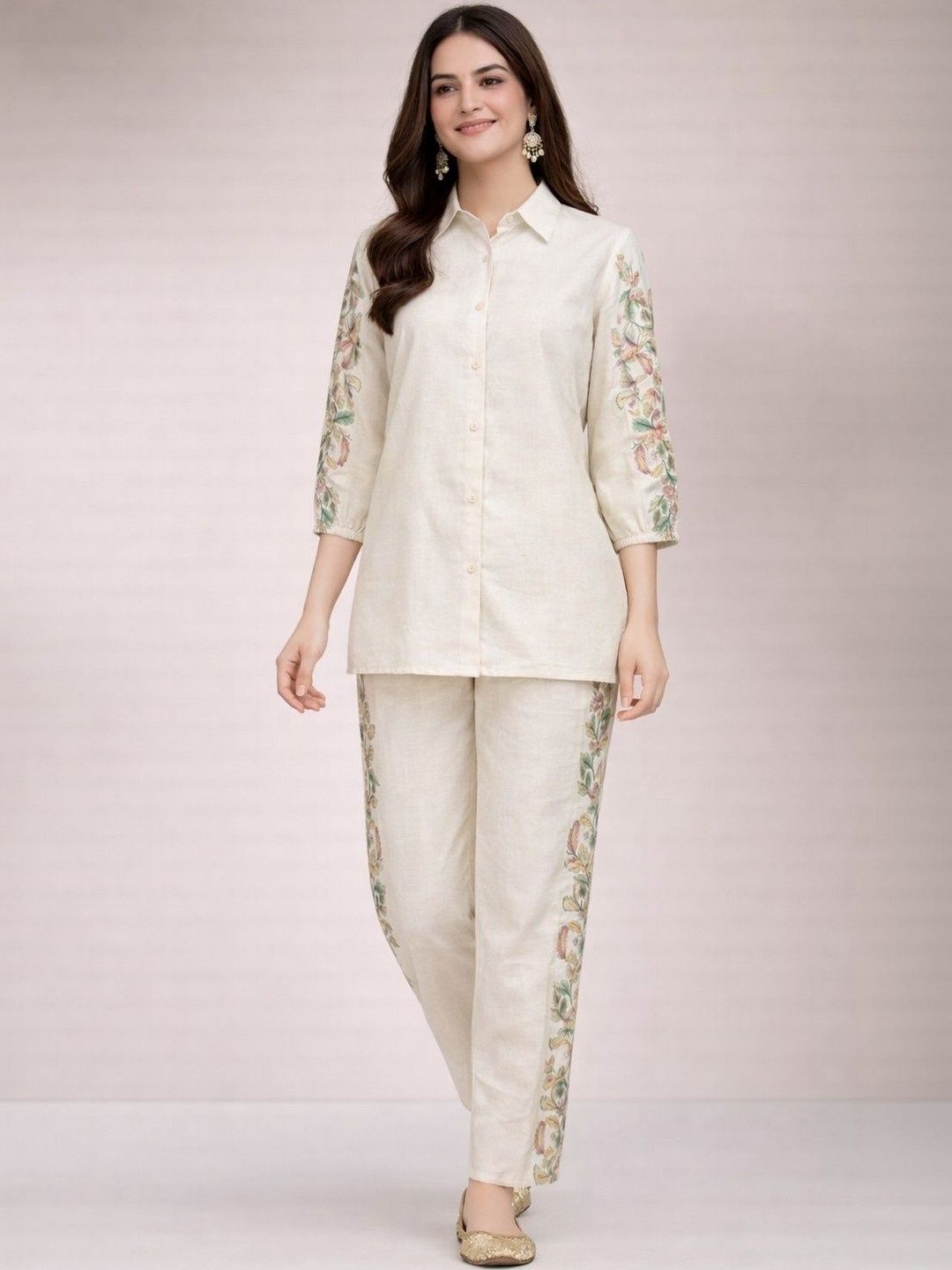 KROLIANT Women Embroidered Shirt Collar Shirt With Trousers