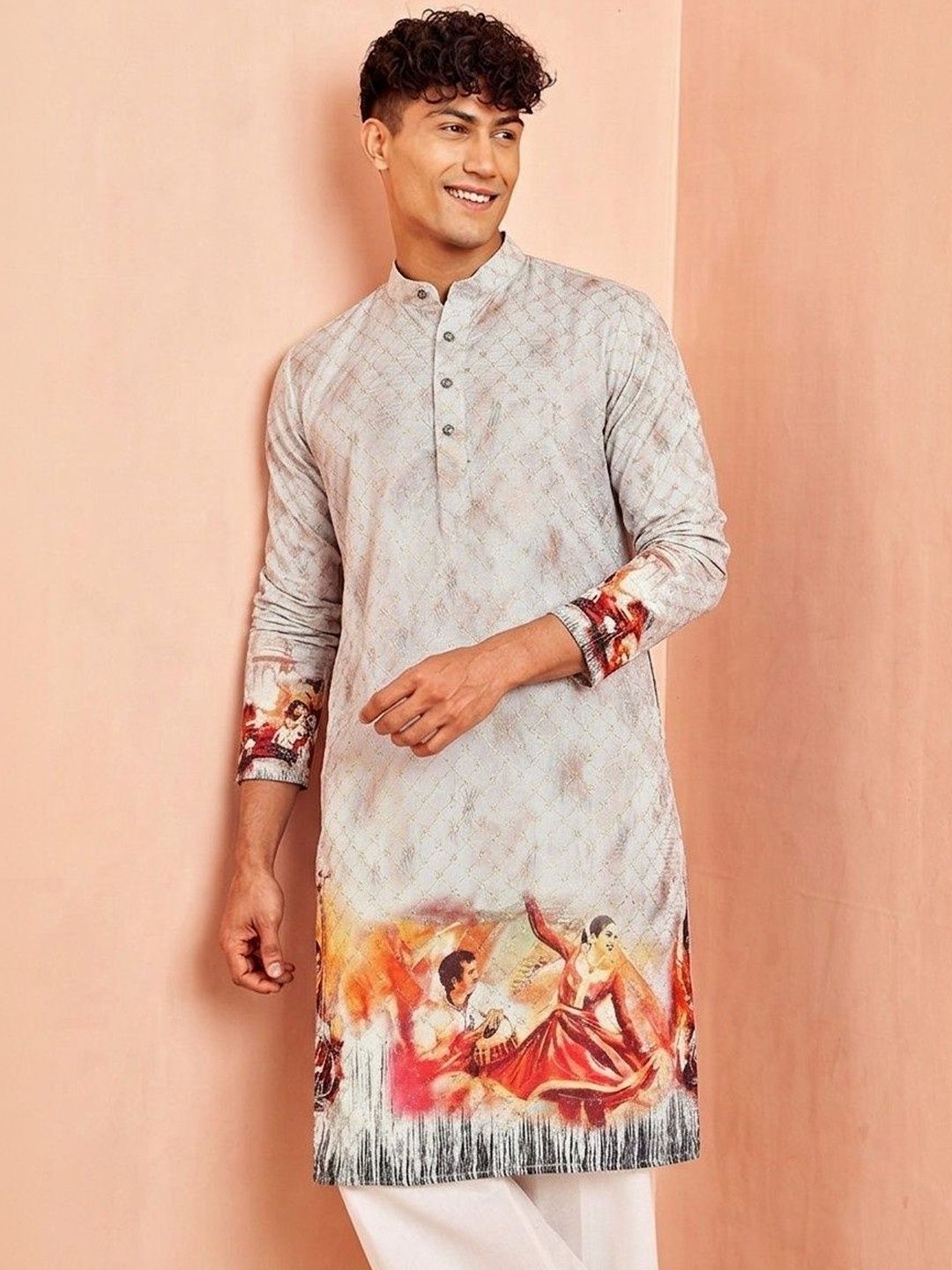 LADY BERRY Men Floral Printed Sequinned Indie Prints Kurta