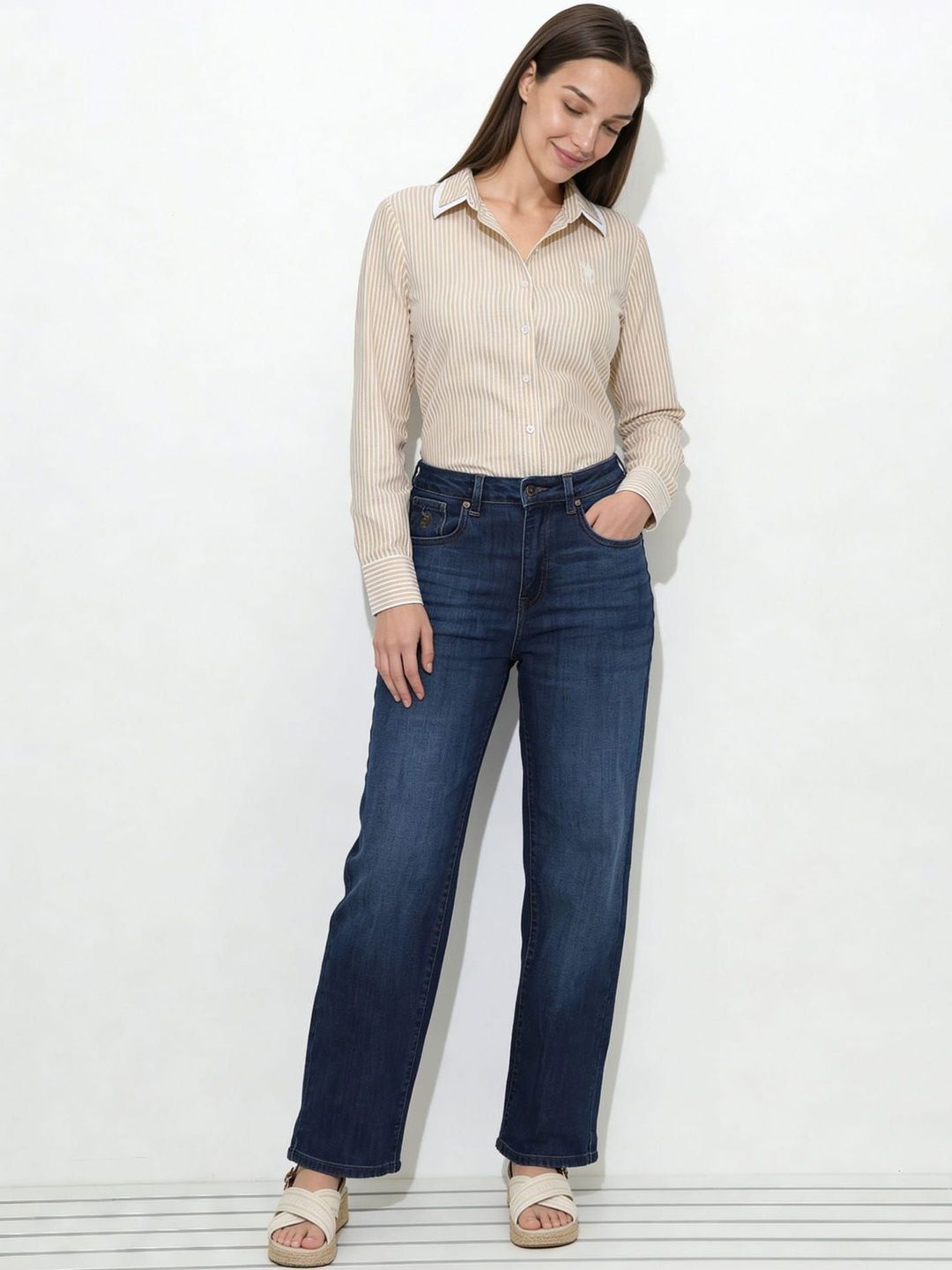 Women Straight Fit High-Rise Jeans U.S. Polo Assn. Women Women Straight Fit High-Rise Light Fade Stretchable Jeans