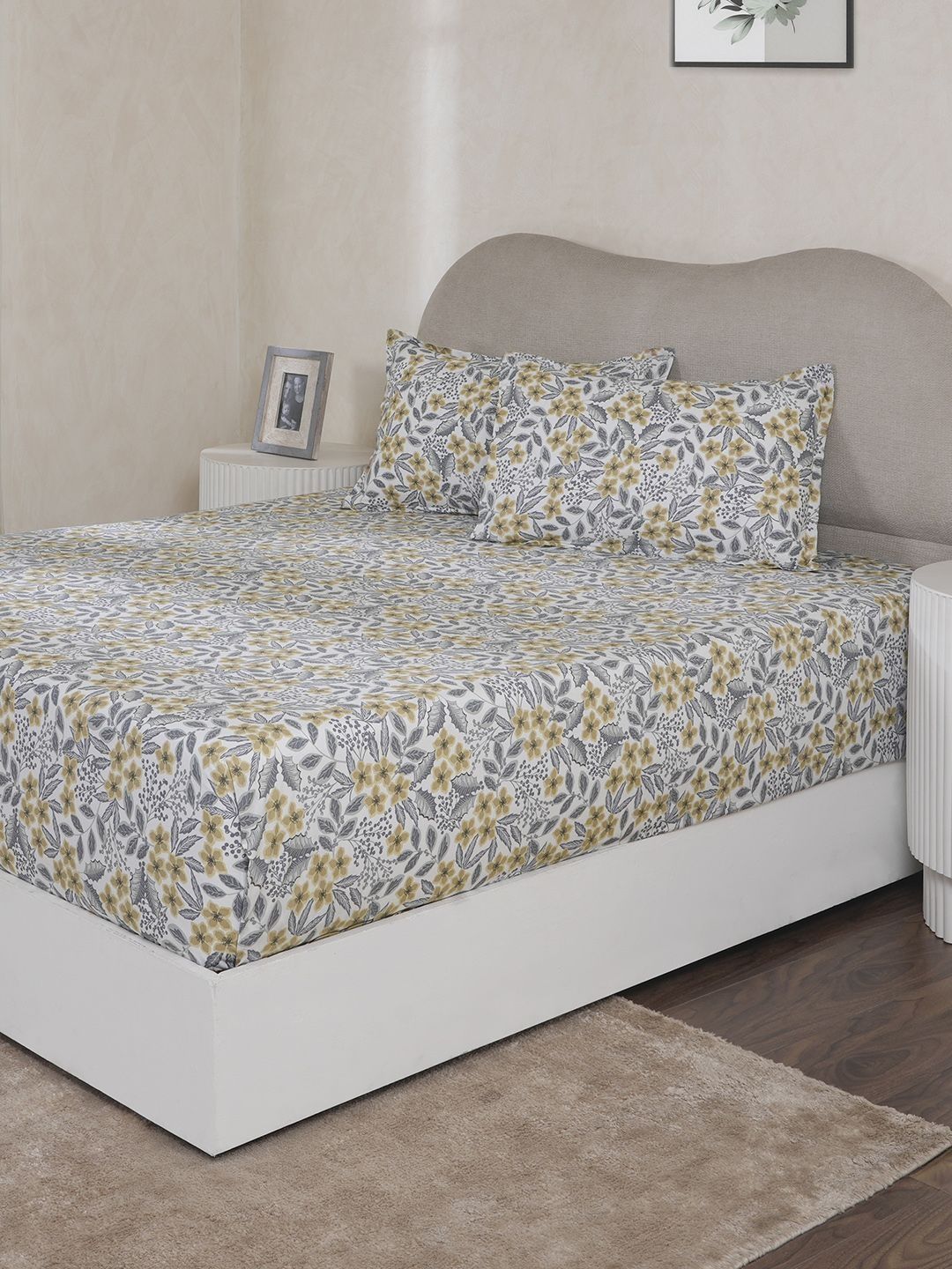 MASPAR MASPAR White & Grey Printed 144 TC Single Bedsheet With Pillow Cover-1.52 m x 2.24 m