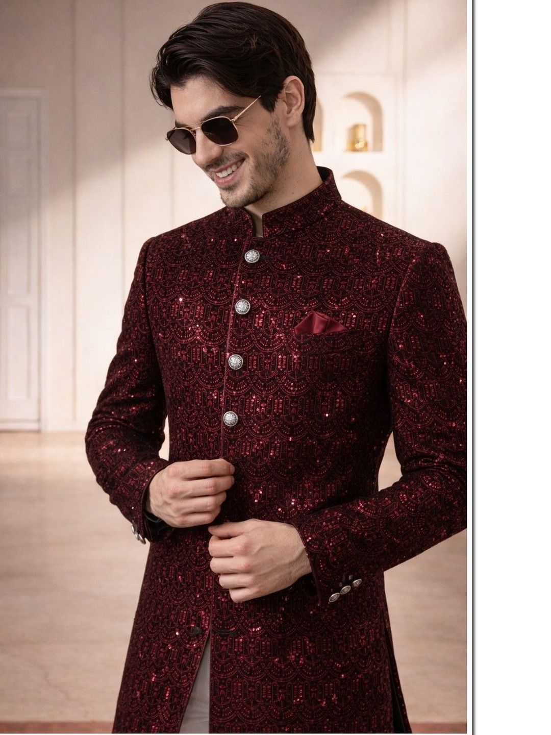 House of Pataudi Self Design Mandarin Collar Sherwani With Trousers