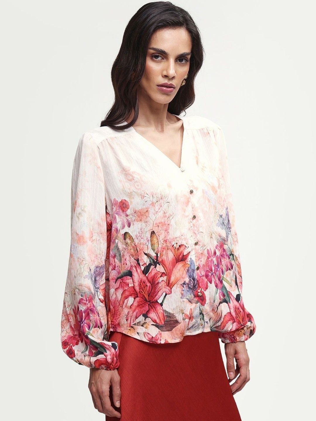 Floral Print Bishop Sleeves Wrap Top RAREISM Floral Print Bishop Sleeves Wrap Top