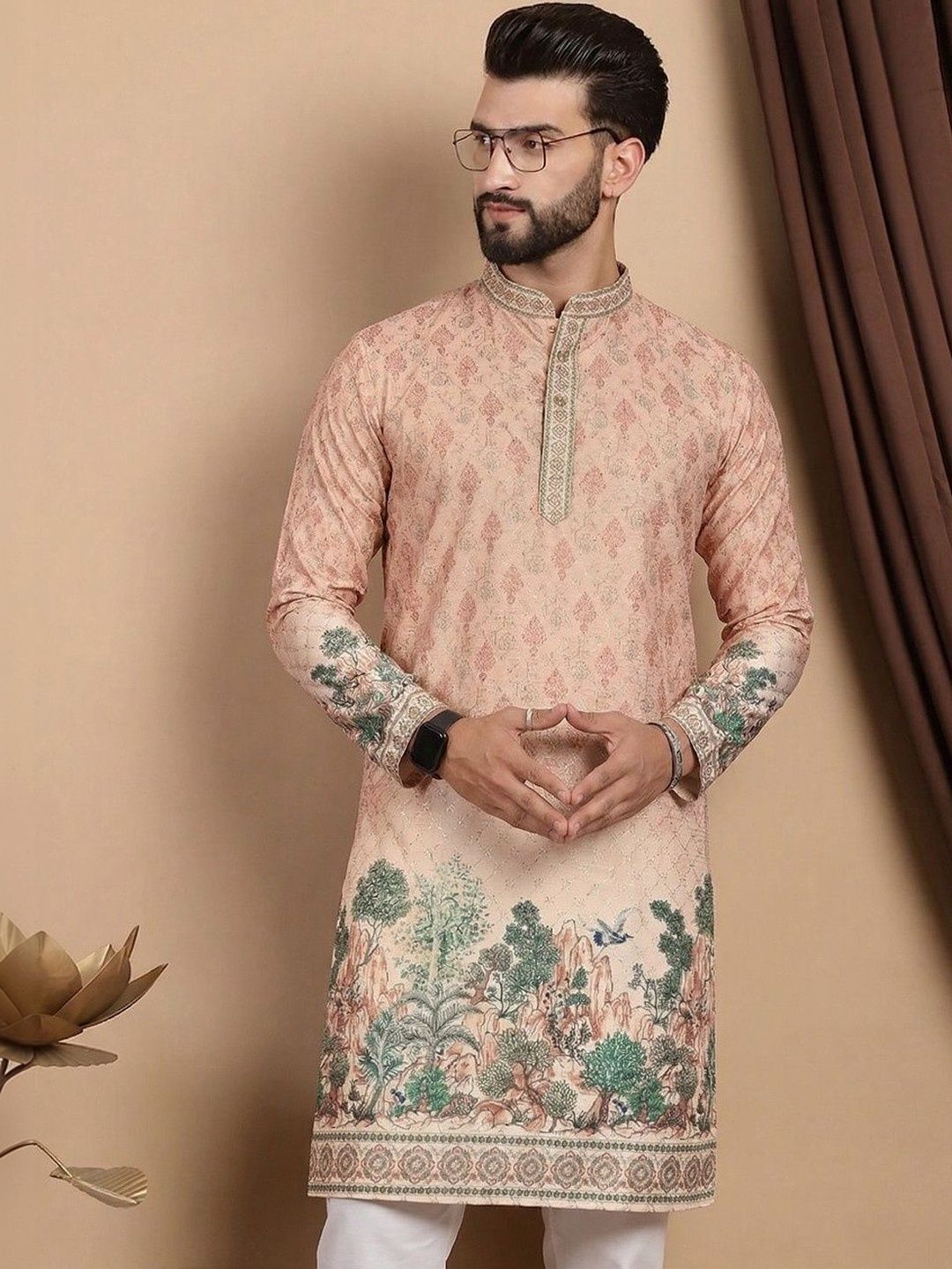 LADY BERRY Men Floral Printed Sequinned Indie Prints Kurta