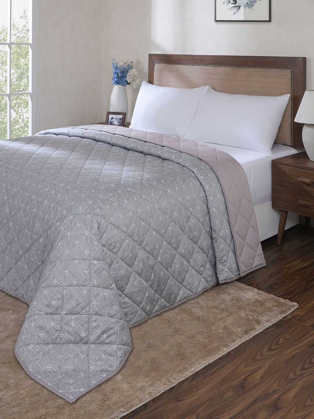 MASPAR MASPAR Grey & White Geometric Cotton Lightweight AC Room Single Bed Quilt
