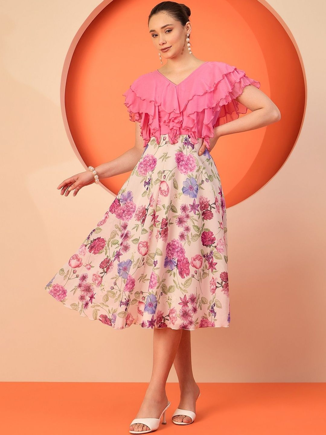 Floral Chiffon Fit & Flare Midi Dress Antheaa Floral Chiffon Fit & Flare Midi Dress