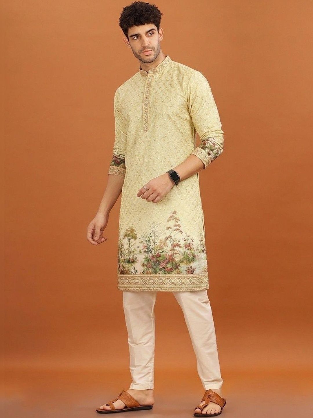 LADY BERRY Men Floral Printed Sequinned Indie Prints Kurta