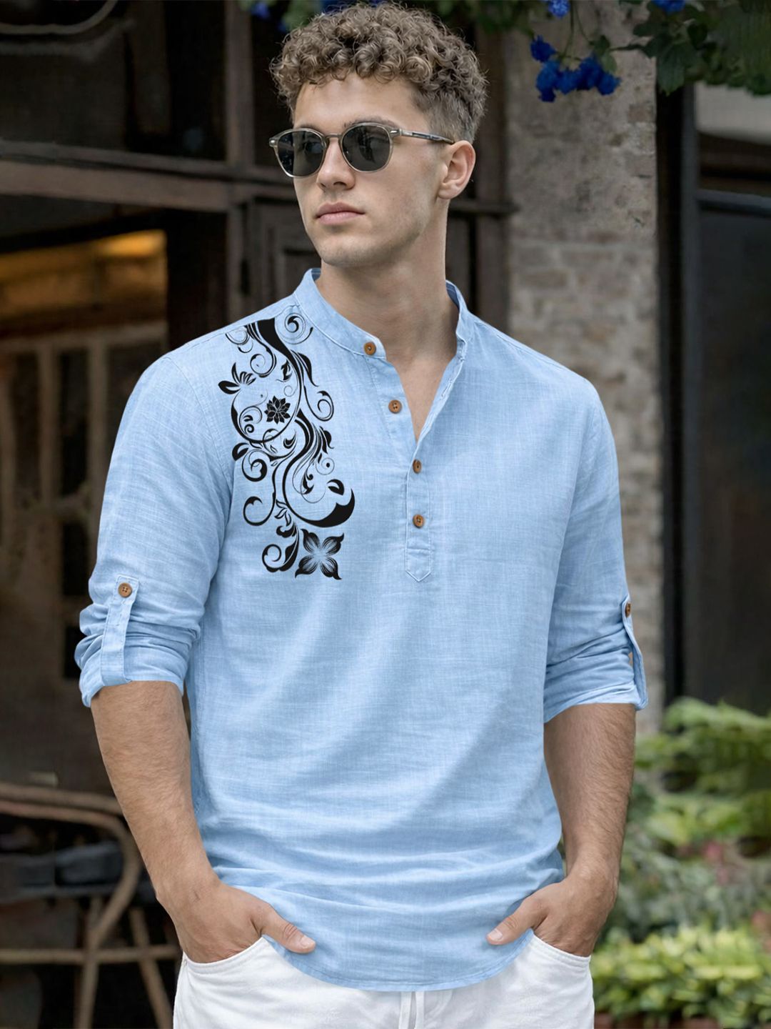 Fifth U Men Cotton Mandarin Collar Printed Kurta