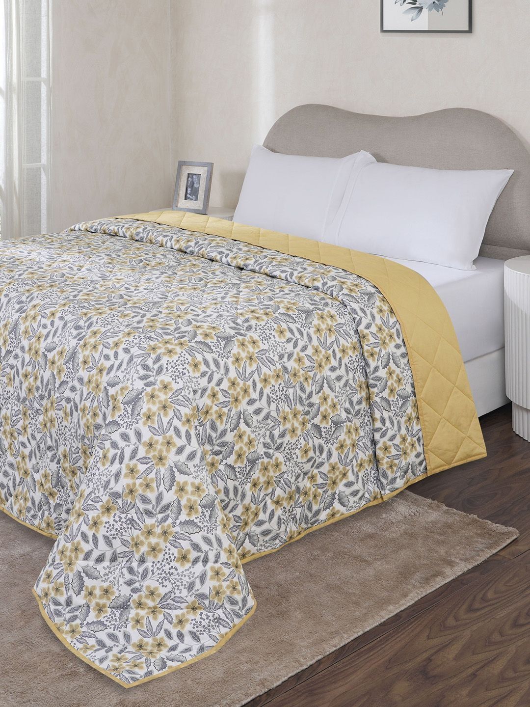 MASPAR MASPAR Yellow & Grey Printed Lightweight AC Room Double Bed Quilt