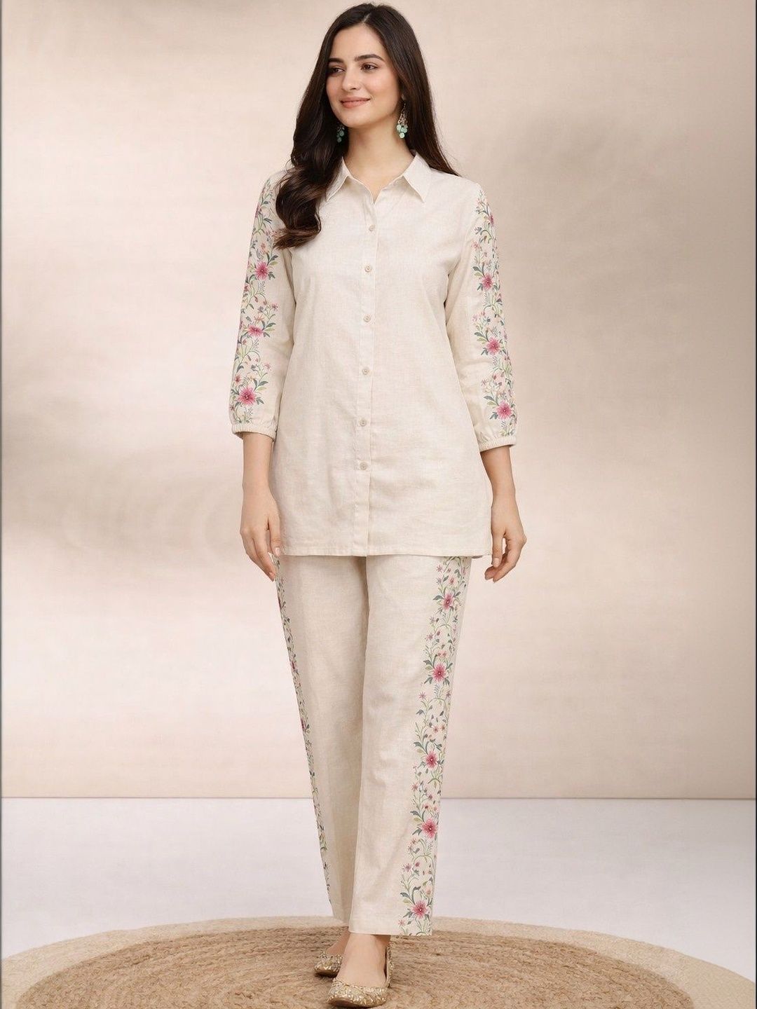 KROLIANT Women Embroidered Shirt Collar Shirt With Trousers