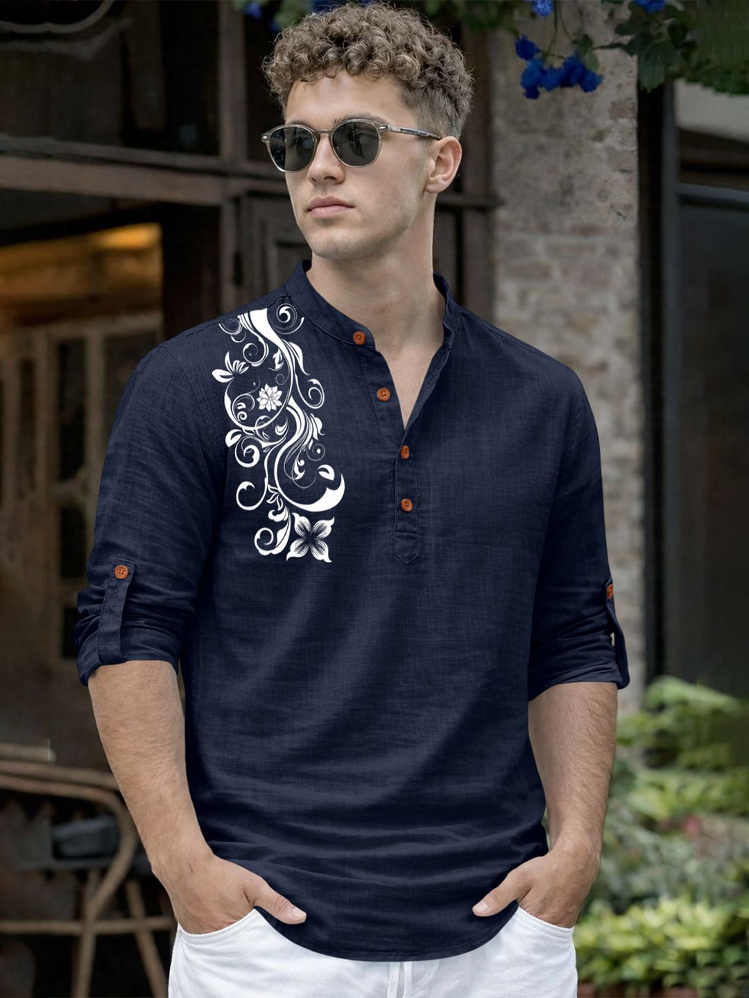 Fifth U Men Cotton Mandarin Collar Printed Kurta
