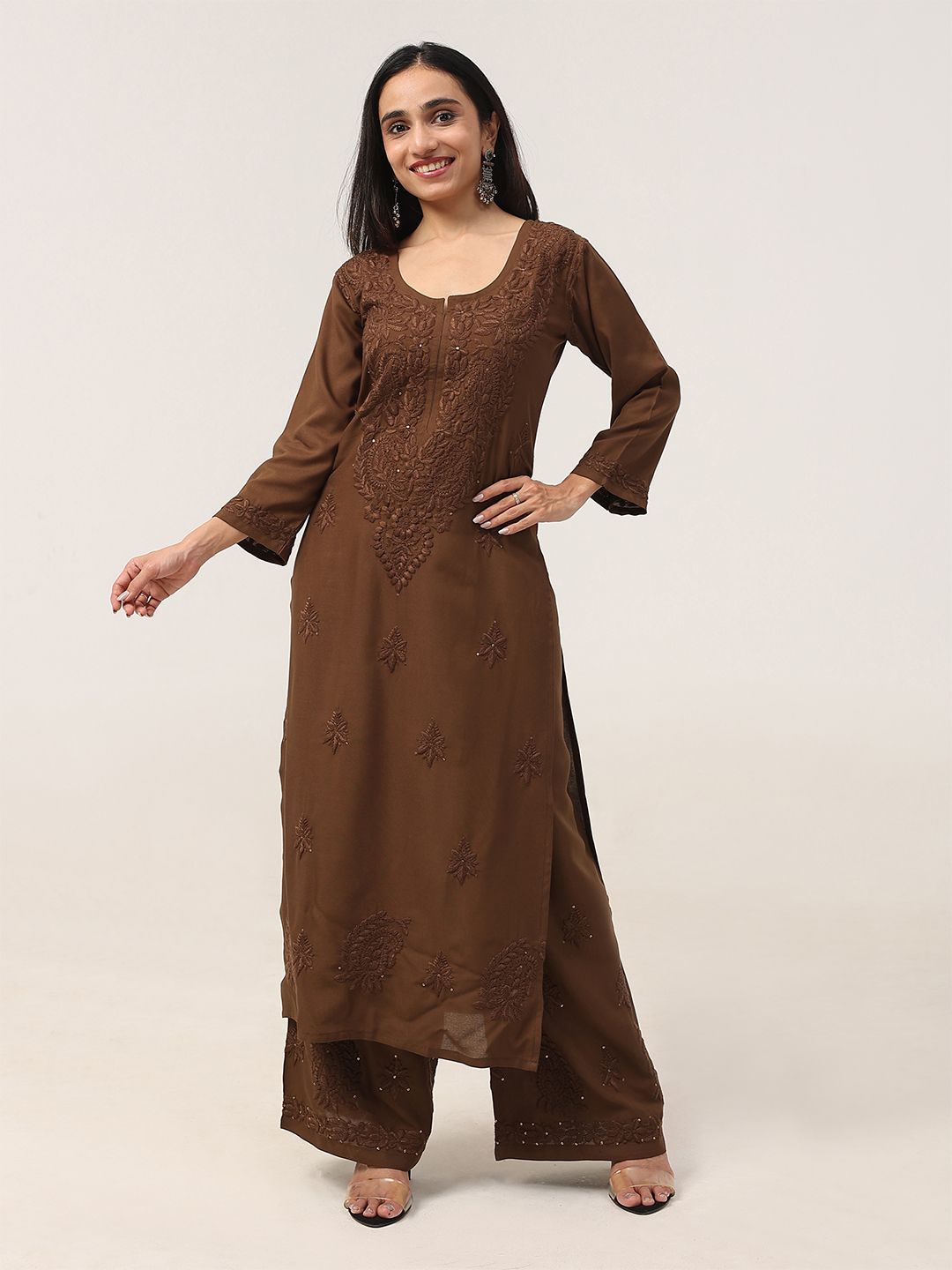 Women Embroidered Kurta with Palazzos colorkosh Women Ethnic Motifs Embroidered Regular Chikankari Kurta with Palazzos