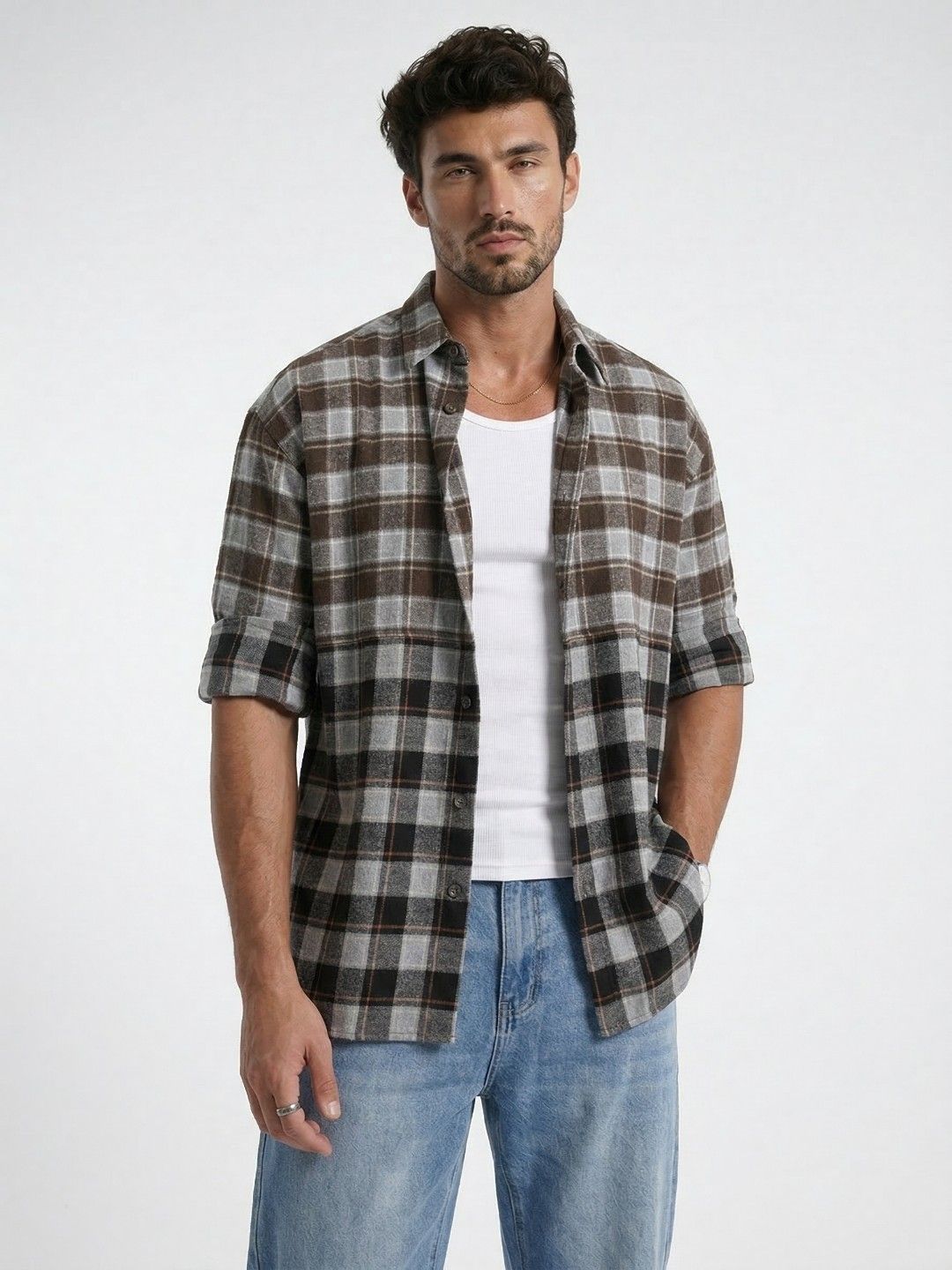 glitchez Oversized Checked Drop-Shoulder Sleeves Casual Shirt