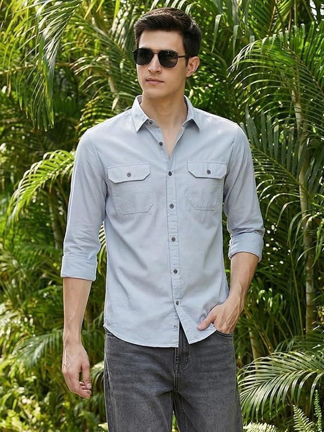 INDOPRIMO Mens Slim Fit Casual Double Flap Pockets Shirts