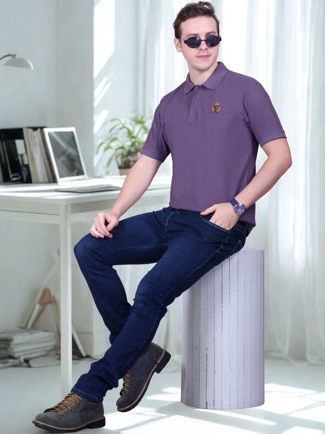 FLOSBERRY Mens Solid Polo Embroidered Chest Logo Tshirts