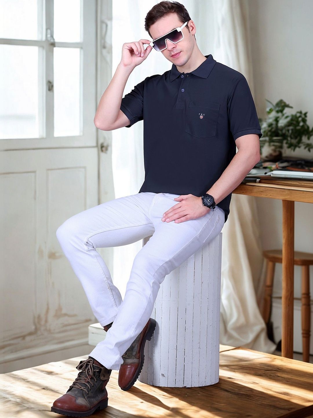 FLOSBERRY Solid Polo Chest Pocket Tshirts