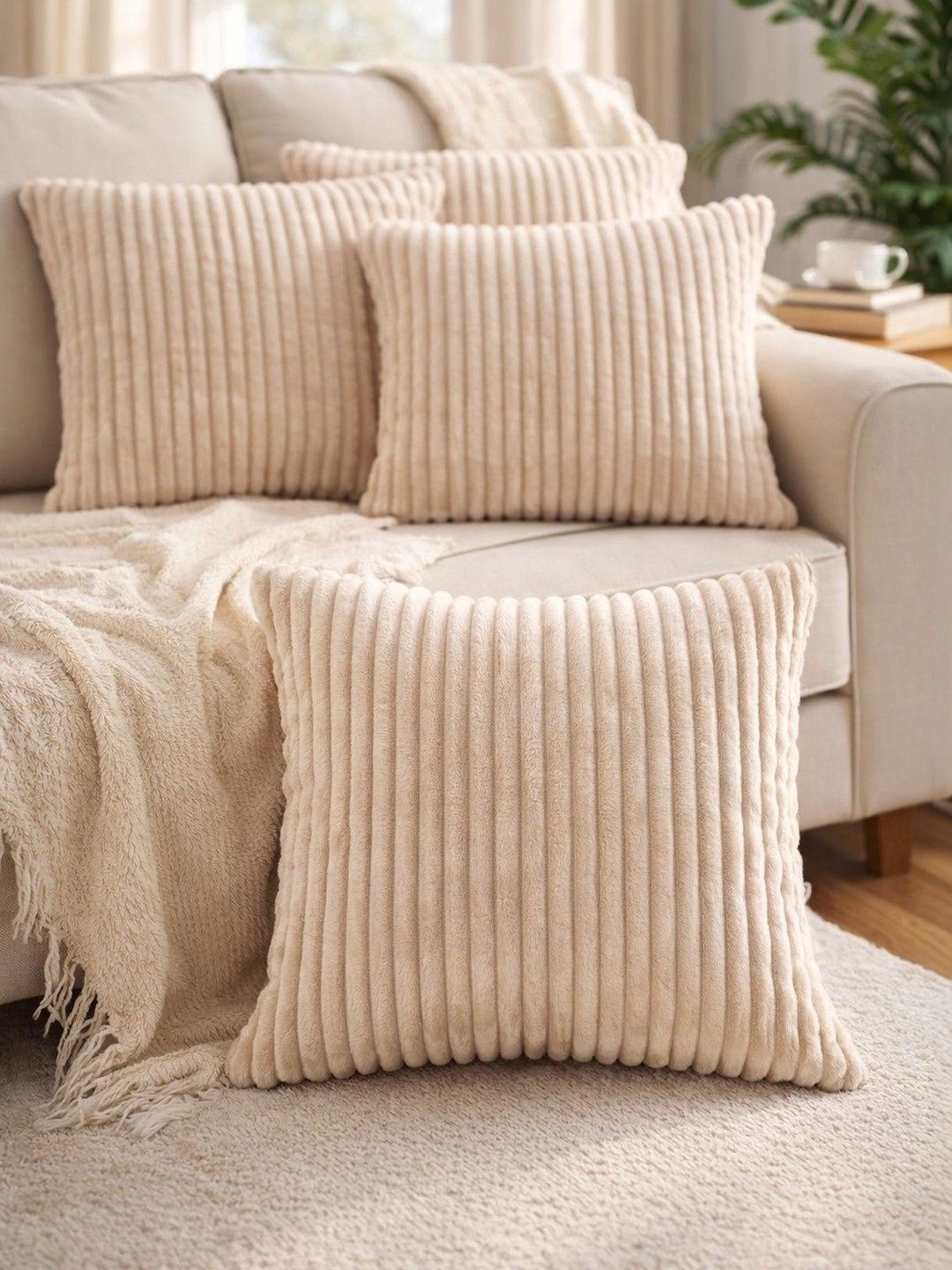 LOFEY Beige Set of 5 Striped Velvet Square Cushion Covers