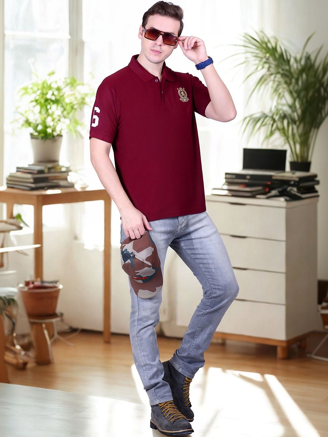 FLOSBERRY Mens Solid Polo Embroidered Chest Logo Tshirts