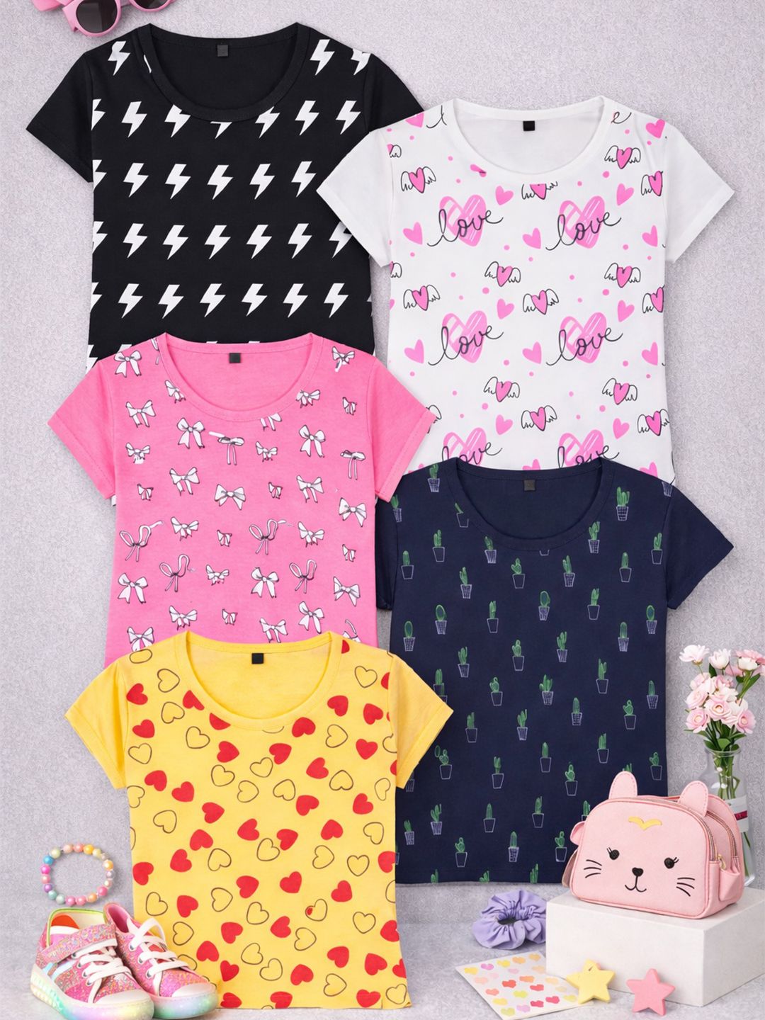 FAZZA Girls Floral 5 Printed Extended Sleeves Pockets T-shirt