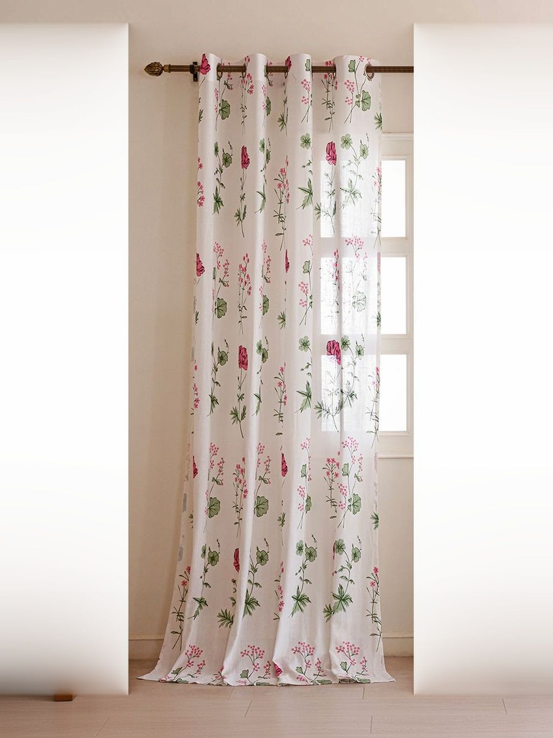 2Pieces Cotton Window Curtains HOMEMONDE Pink 2 Pieces Floral Printed Cotton Sheer Window Curtains