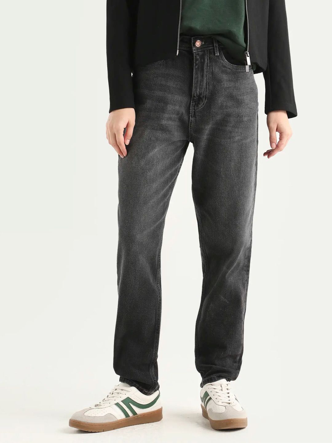 Grey Plain Mom Fit Fit Mid Rise Jeans