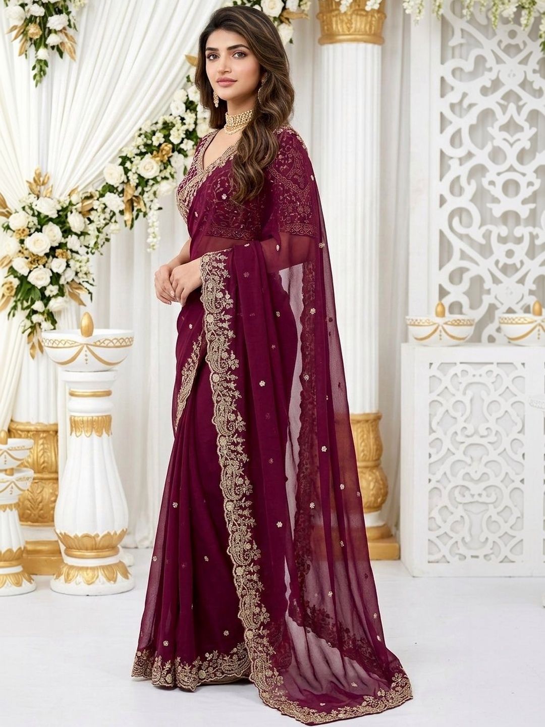 HERE&NOW Pure Georgette Heavy Work Saree