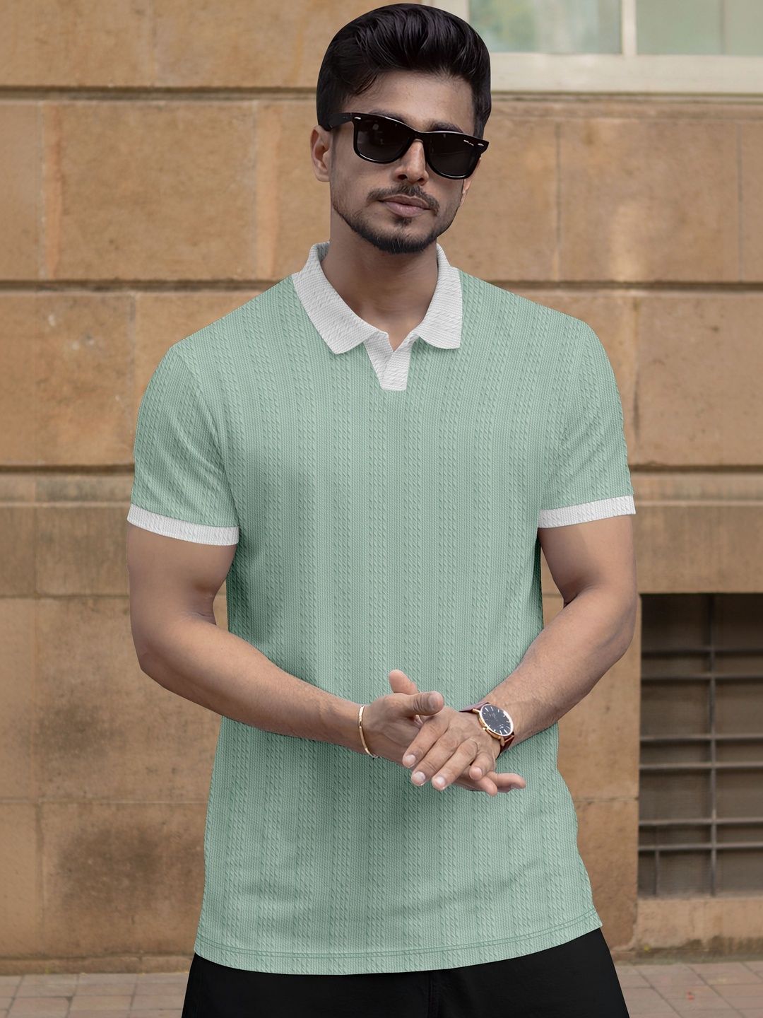 MODALEN Men Textured Polo V-neck Cotrast Collar Tshirts