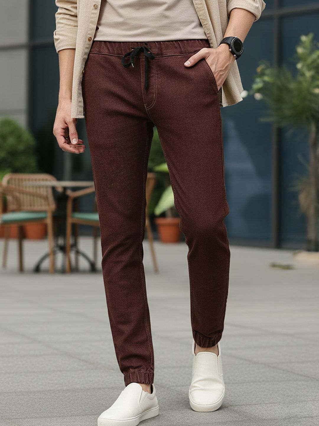 Urbano Fashion Men Brown Jogger Mid-Rise Clean Look Stretchable Jeans