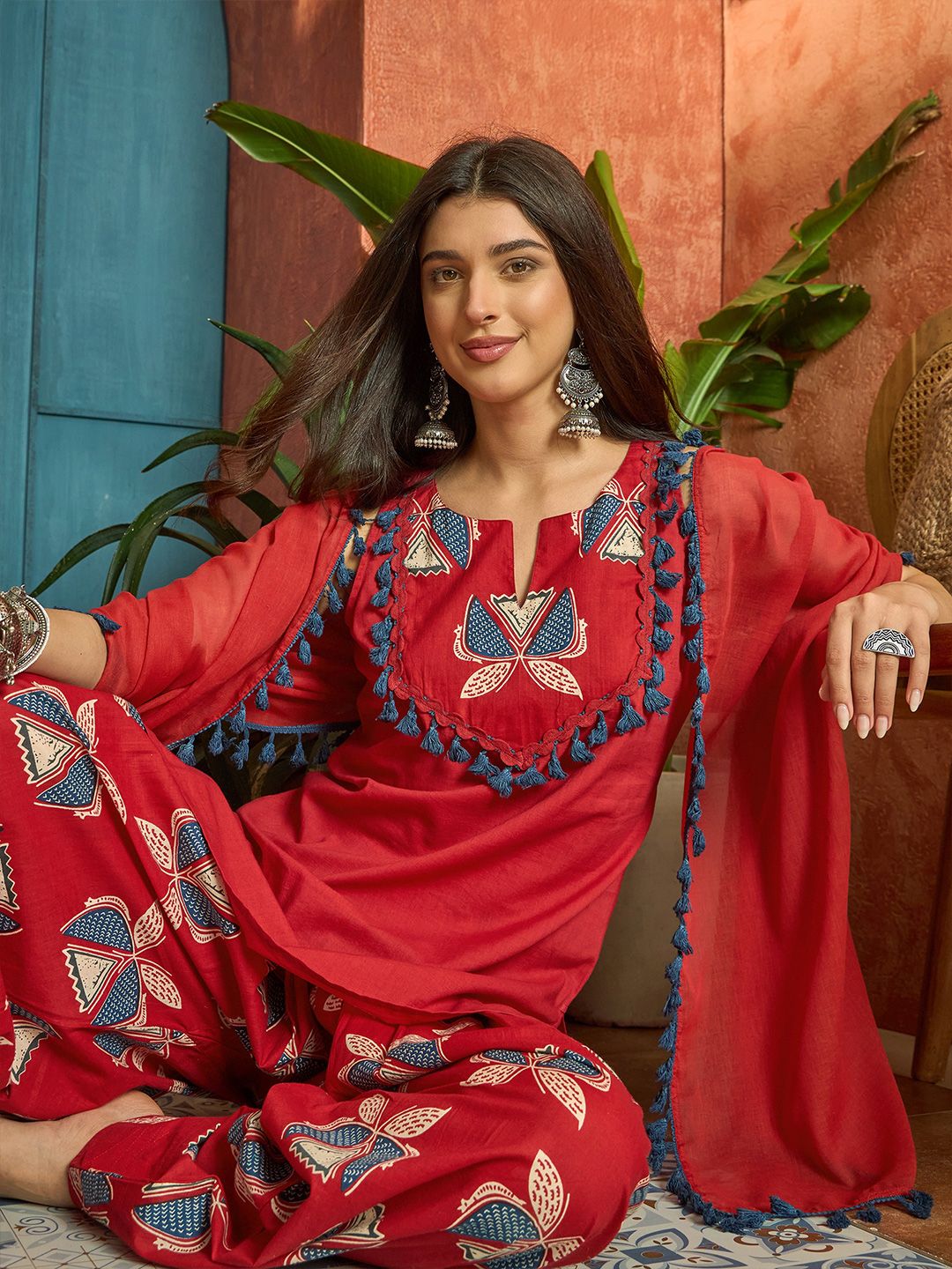 Stylum Women Regular Red Pure Cotton Kurti With Farshi Salwar & Dupatta