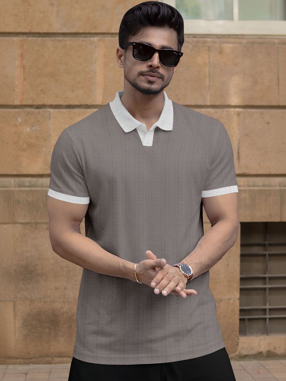 MODALEN Men Textured Polo V-neck Cotrast Collar Tshirts