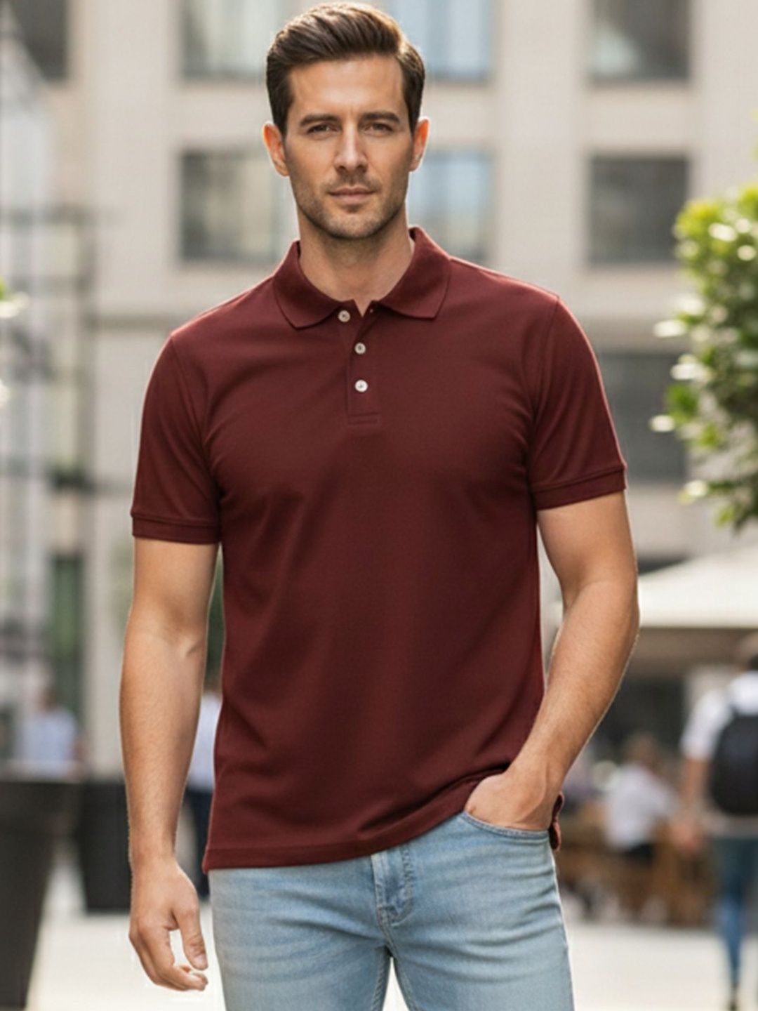 ST Trends Men Plain Polo Neck Half Sleeve Cotton Blend Maroon Tshirts
