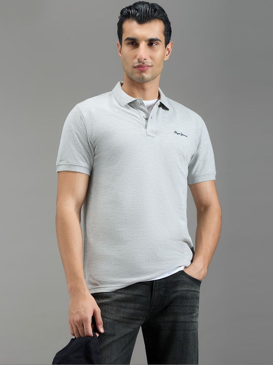 Pepe Jeans Men Grey Solid Short Sleeves Tshirts