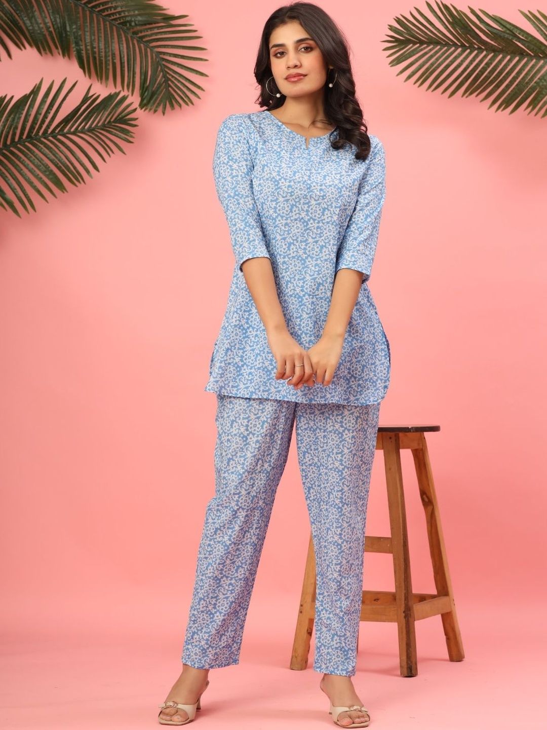 VEDANA Romantic Florals Cotton Printed Top with Trousers