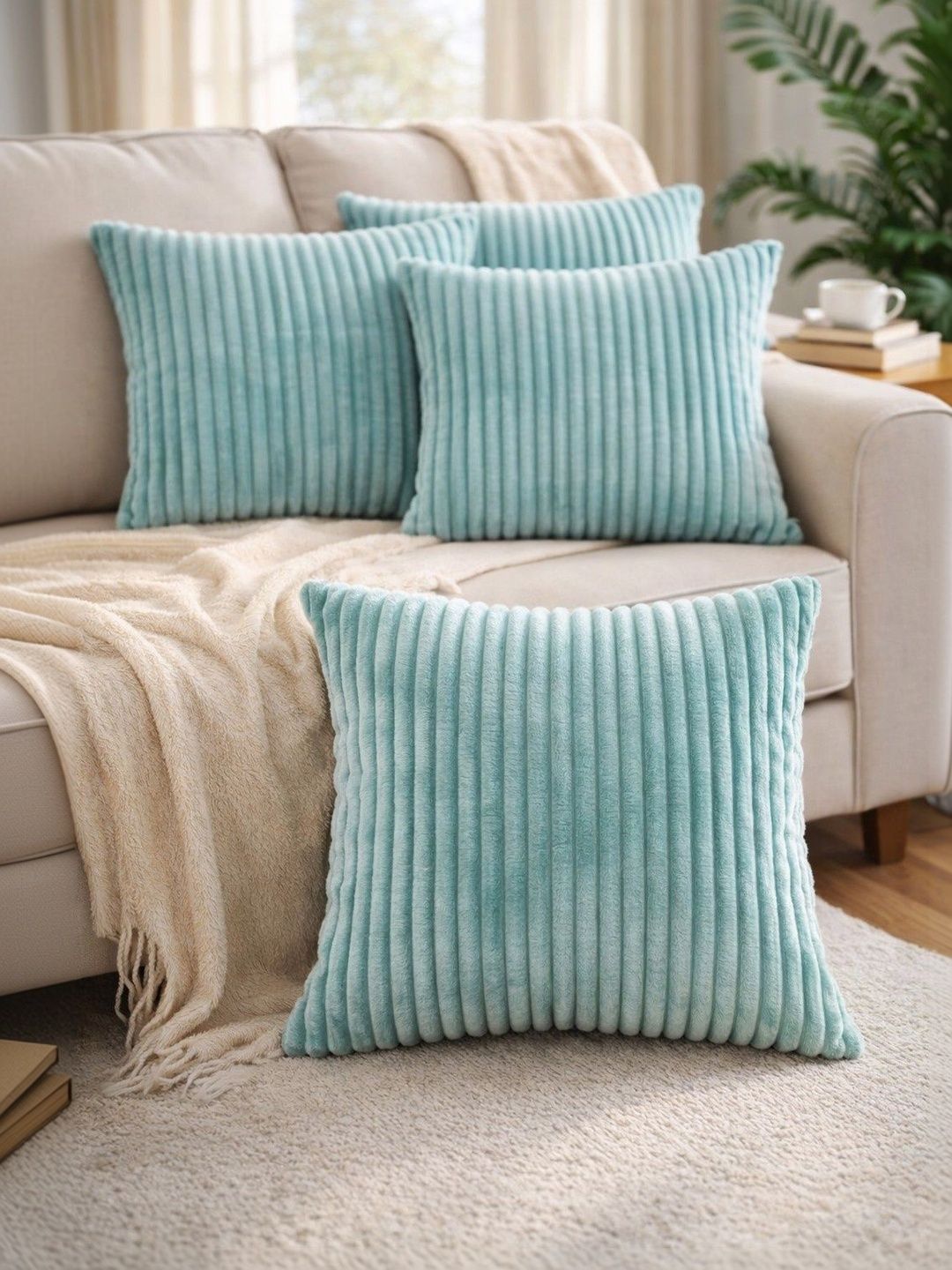 LOFEY Green Set of 5 Striped Velvet Square Cushion Covers