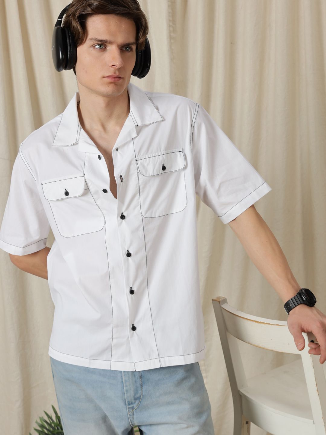 Eszett Contrasting Thread Cotton Short Sleeves Shirt