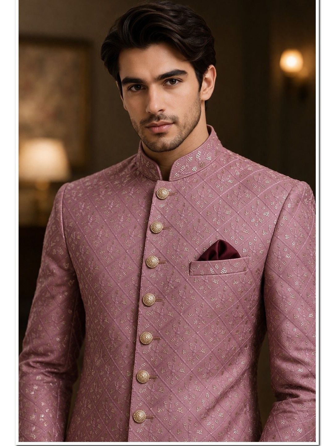 House of Pataudi Self Design Mandarin Collar Sherwani